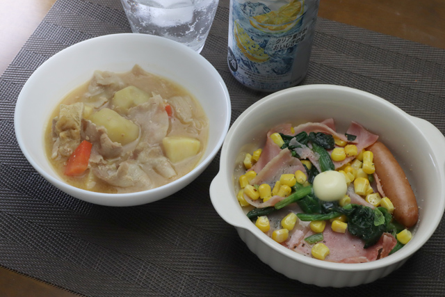 ベーコンほうれん草バター炒めと豚汁